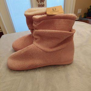 NWT LongBay pink Chenille Knit Bootie Slippers Plush Fleece Memory Foam Sz XL